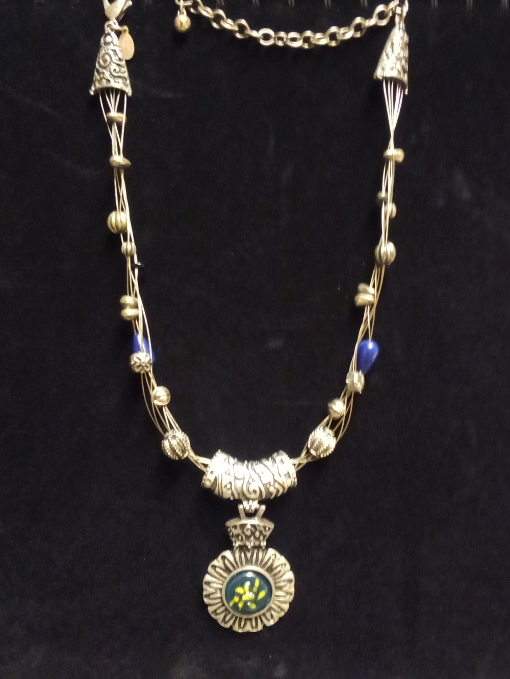 Chico's SilverTone Necklace with Blue Beads and Green Pendant